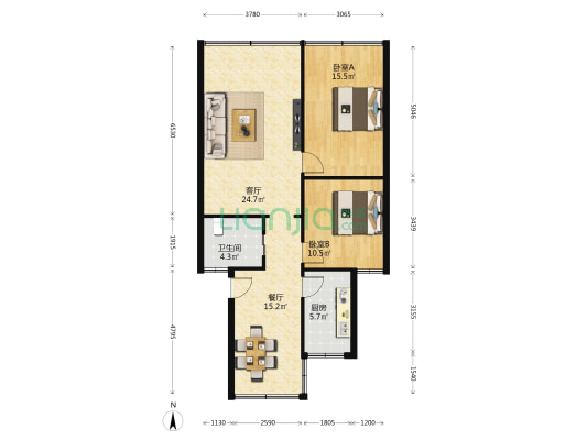 供电局宿舍 2室2厅1卫 84平方