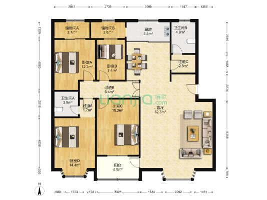 虞鑫花园 4室1厅2卫 171平方