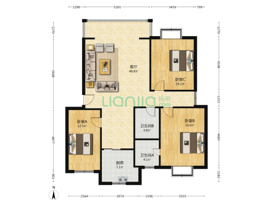 平安苑 3室1厅2卫 132平方