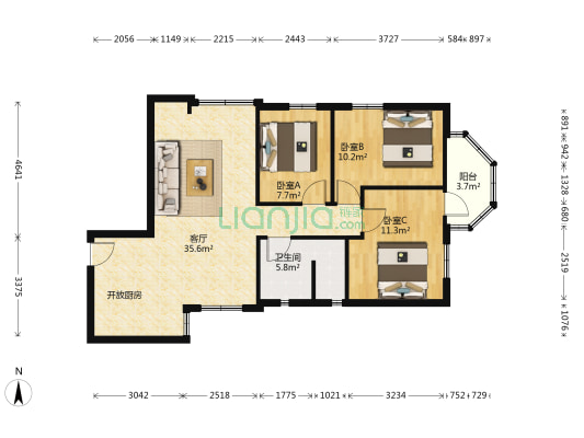 天龙大厦 3室1厅1卫 107平方