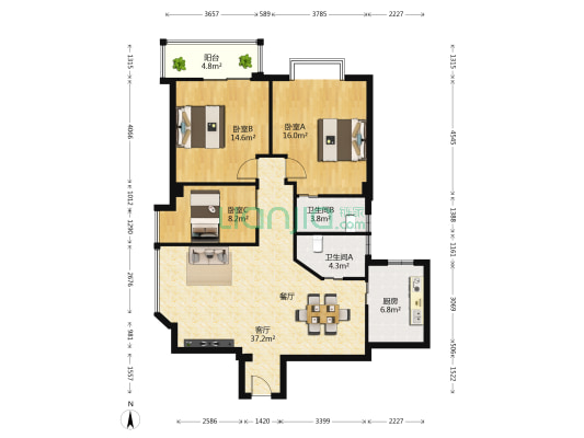国贸怡祥大厦 3室1厅2卫 123平方
