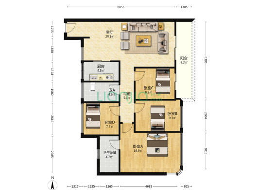 中建玖玥湾 4室1厅2卫 120平方
