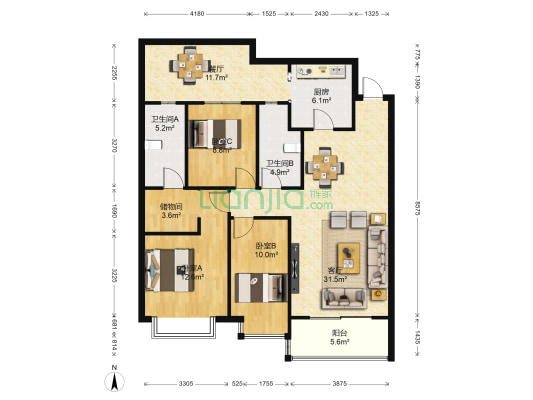 恒大名都三期 3室2厅2卫 127平方