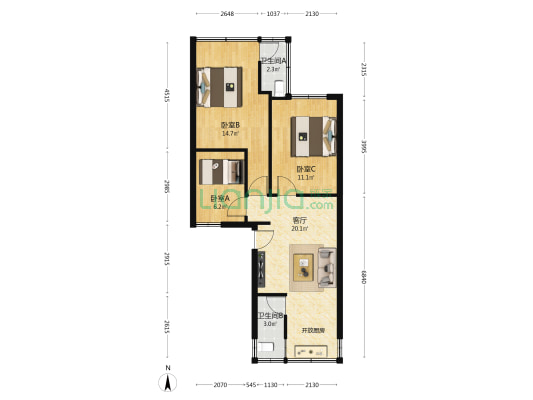 新添大道南段19号 3室1厅2卫 66平方