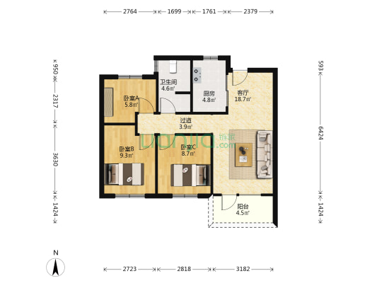 海岸万科城春漫里 3室1厅1卫 84平方