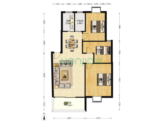 华顺中央城 3室1厅1卫 96平方