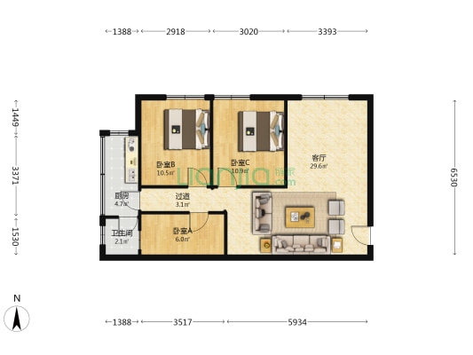 惠城区机关宿舍 3室1厅1卫 70平方