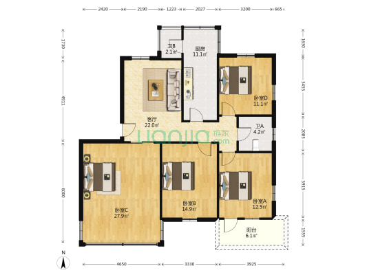 同华西路1号 4室1厅2卫 128平方