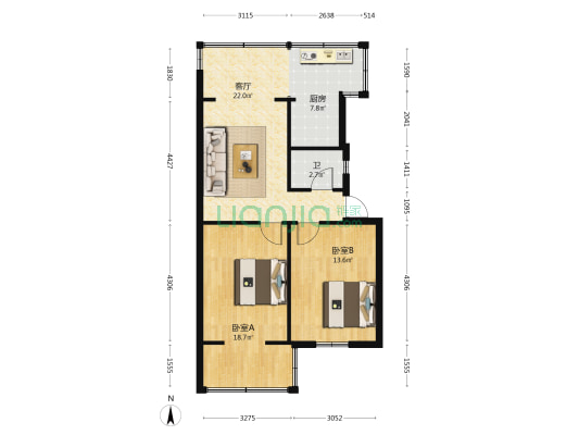 昆明市自来水总公司宿舍 2室1厅1卫 60平方