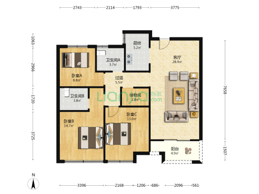 滨沁华庭 3室1厅2卫 120平方
