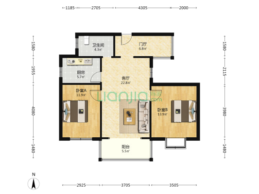 空港朗园 2室1厅1卫 82平方