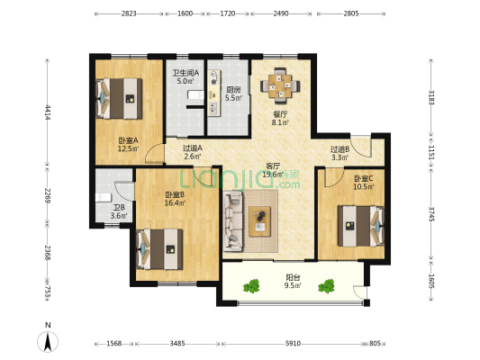 翰林苑 3室2厅2卫 131平方