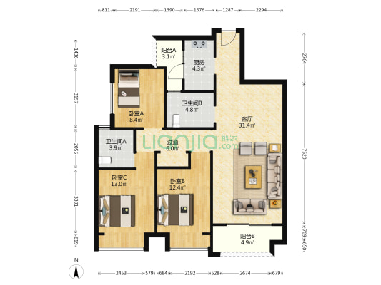 橡树华庭 3室1厅2卫 111平方