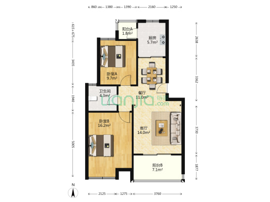海岛星城 2室2厅1卫 81平方