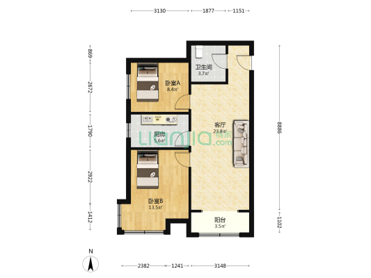南面一栋楼 高楼层 毛坯 朝南2居 有本-户型图