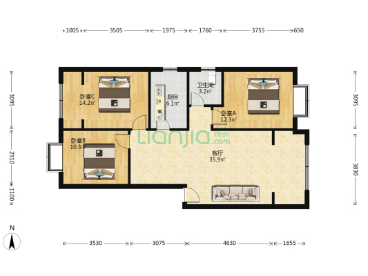 锦西阳光 3室1厅1卫 94平方