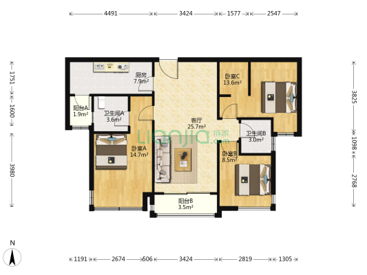 中粮中央公园祥云B区 3室1厅2卫 114平方