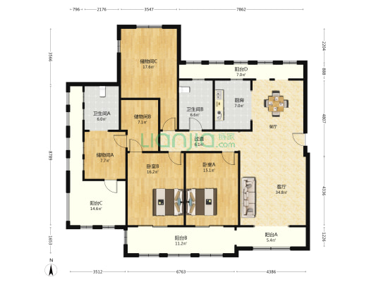 绿城理想之城蓝庭C区 2室1厅2卫 175平方