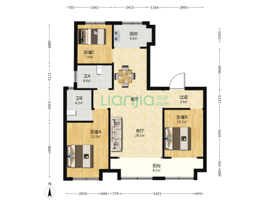 海联江樾府 3室1厅2卫 128平方