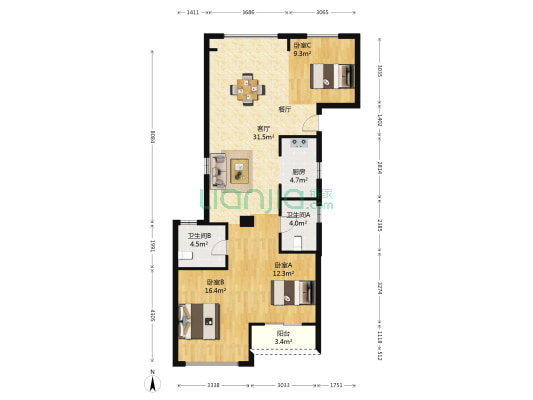 大业江东府 3室1厅2卫 87平方