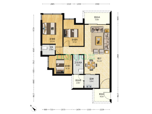 汇盈世纪花园 3室1厅2卫 99平方