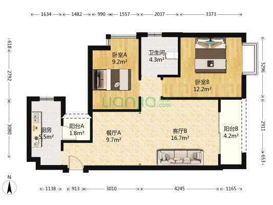 鹤唐福景 2室2厅1卫 87平方