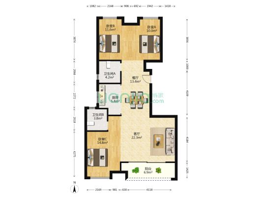绿地东方公寓 3室2厅2卫 118平方