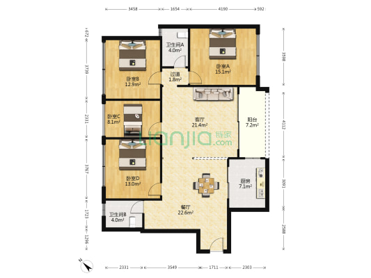  4室2厅2卫 148平方