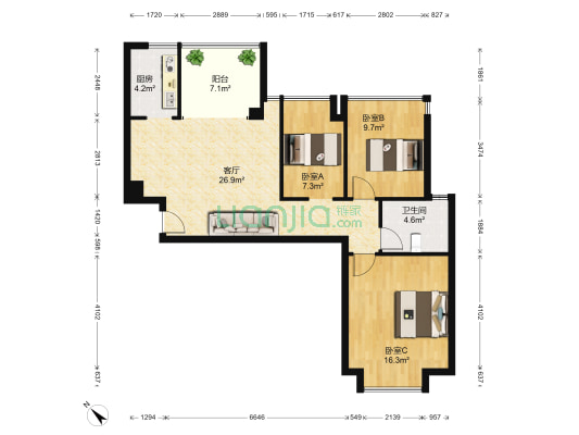 雍景湾 3室1厅1卫 85平方