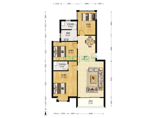 从化幸福家园 3室1厅2卫 99平方