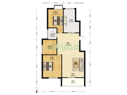 五洲国际都会 3室2厅1卫 104平方