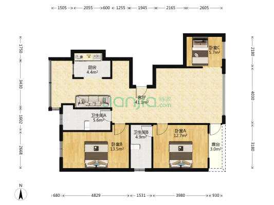 新宇金色水岸 3室1厅2卫 133平方