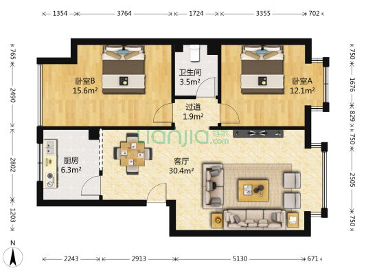 裕晖园 2室1厅1卫 84平方