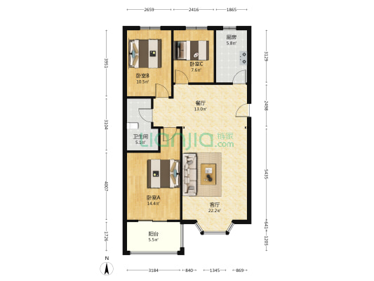 南北通透三 房本满五年 简单装修.-户型图