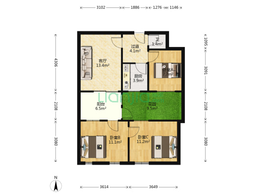 济局大机段职工宿舍楼 3室1厅1卫 42平方