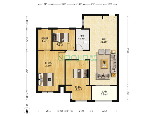 吾悦华府 3室1厅1卫 112平方