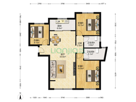中海·河山郡 3室1厅2卫 117平方