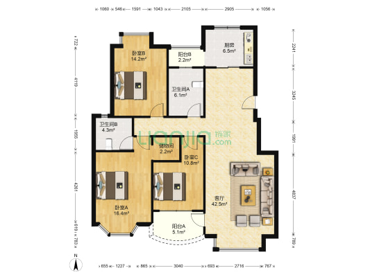人信奥林花园冠军苑 3室1厅2卫 134平方