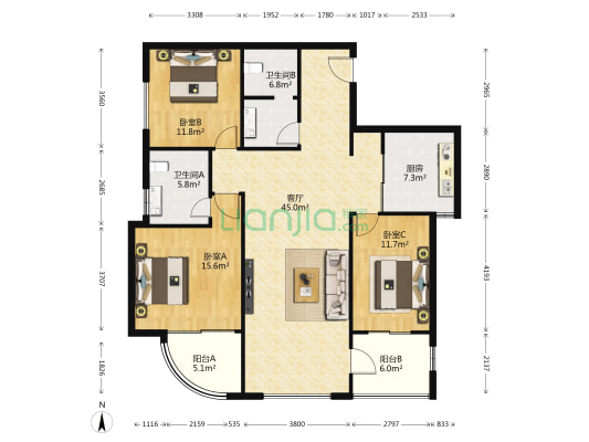 峰汇公馆 3室1厅2卫 155平方