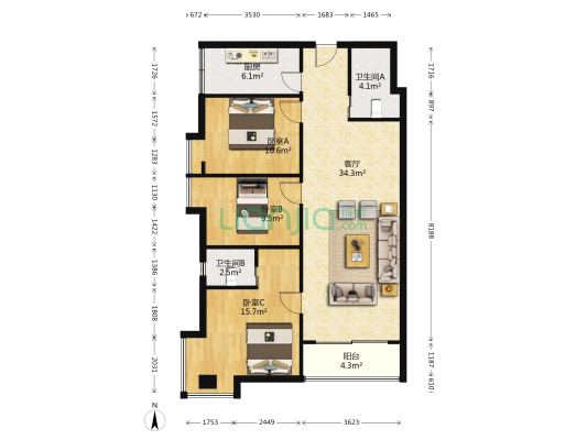 御祥豪庭 3室1厅2卫 96平方