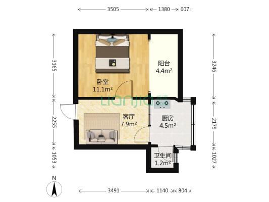 富水南路74号院 1室1厅1卫 44平方