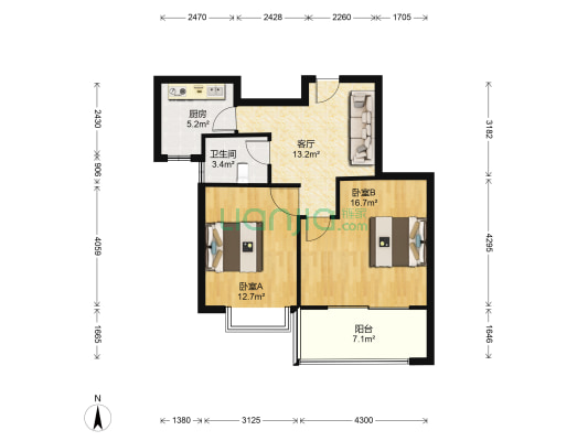 天润北湖假日 2室1厅1卫 77平方