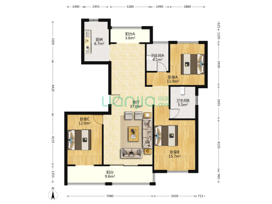 锦江丁香园 3室1厅2卫 127平方