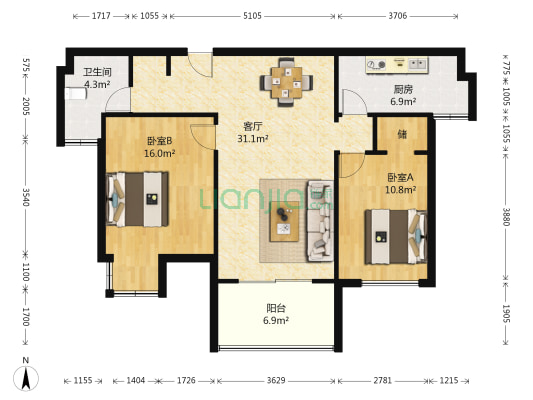 复地公园城邦 2室1厅1卫 96平方