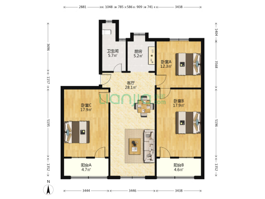 文艺路49号 3室1厅1卫 107平方