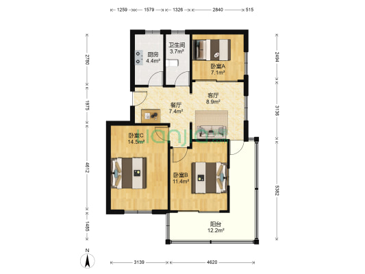 建德村 3室2厅1卫 81平方