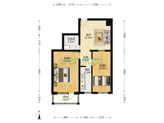 西交民巷62号院 2室1厅1卫 66平方