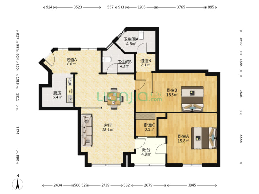 海天大厦 3室1厅2卫 133平方