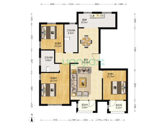 中航绿城理想城玫瑰园 3室1厅2卫 136平方