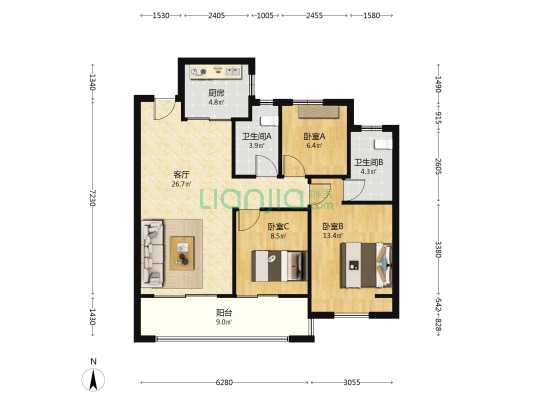 景瑞湖滨天誉 3室1厅2卫 102平方